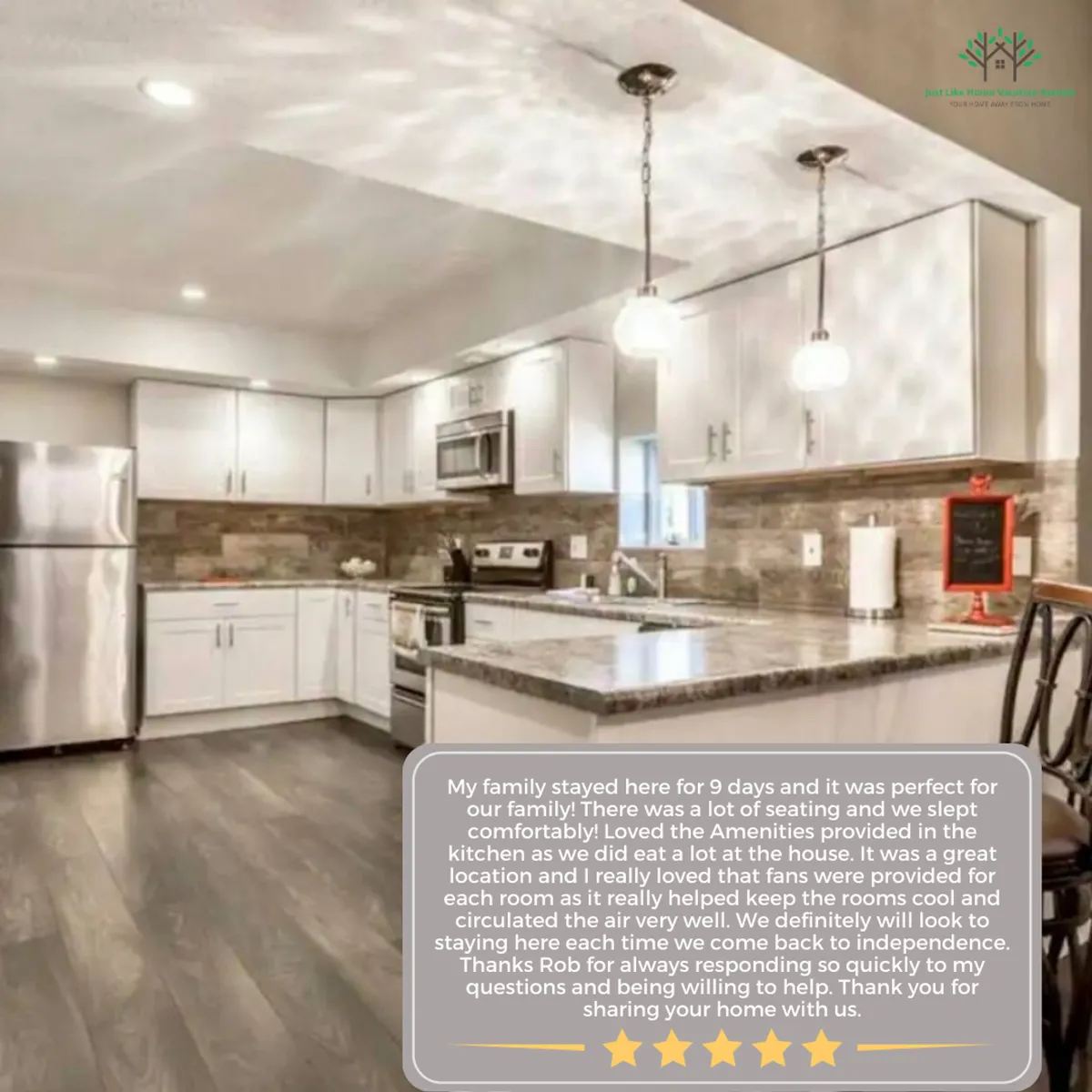 This image features a modern kitchen with sleek appliances, granite countertops, pendant lighting, and a stylish tile backsplash. The scene is cozy and inviting, evoking the warmth of home cooking and the joy of gathering together. Hints of family gatherings and meal preparation are visible, reinforcing the kitchen's practicality and welcoming ambiance.