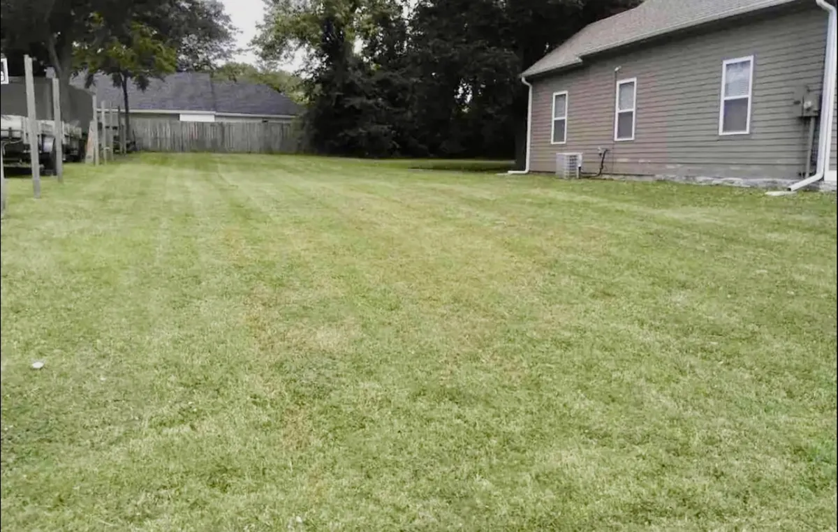 A view of a well-manicured lawn adjacent to the side of a house, with mature trees providing a lush backdrop. The outdoor space appears inviting and spacious, ideal for gatherings or quiet relaxation, echoing the al fresco theme. The scene is bathed in natural light, evoking a peaceful and rejuvenating mood.