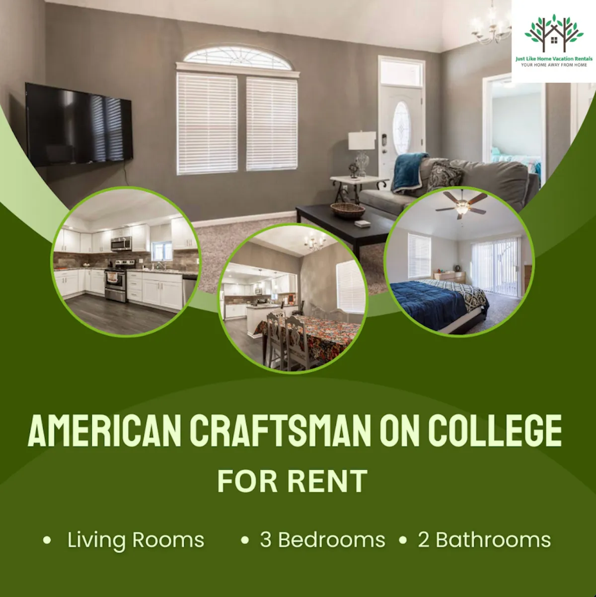 The image showcases an inviting open-concept living area, with a plush sofa, a bright and modern kitchen featuring stainless steel appliances, a stylish dining table set for a meal, and a glimpse of a cozy bedroom—all designed for comfort and togetherness.